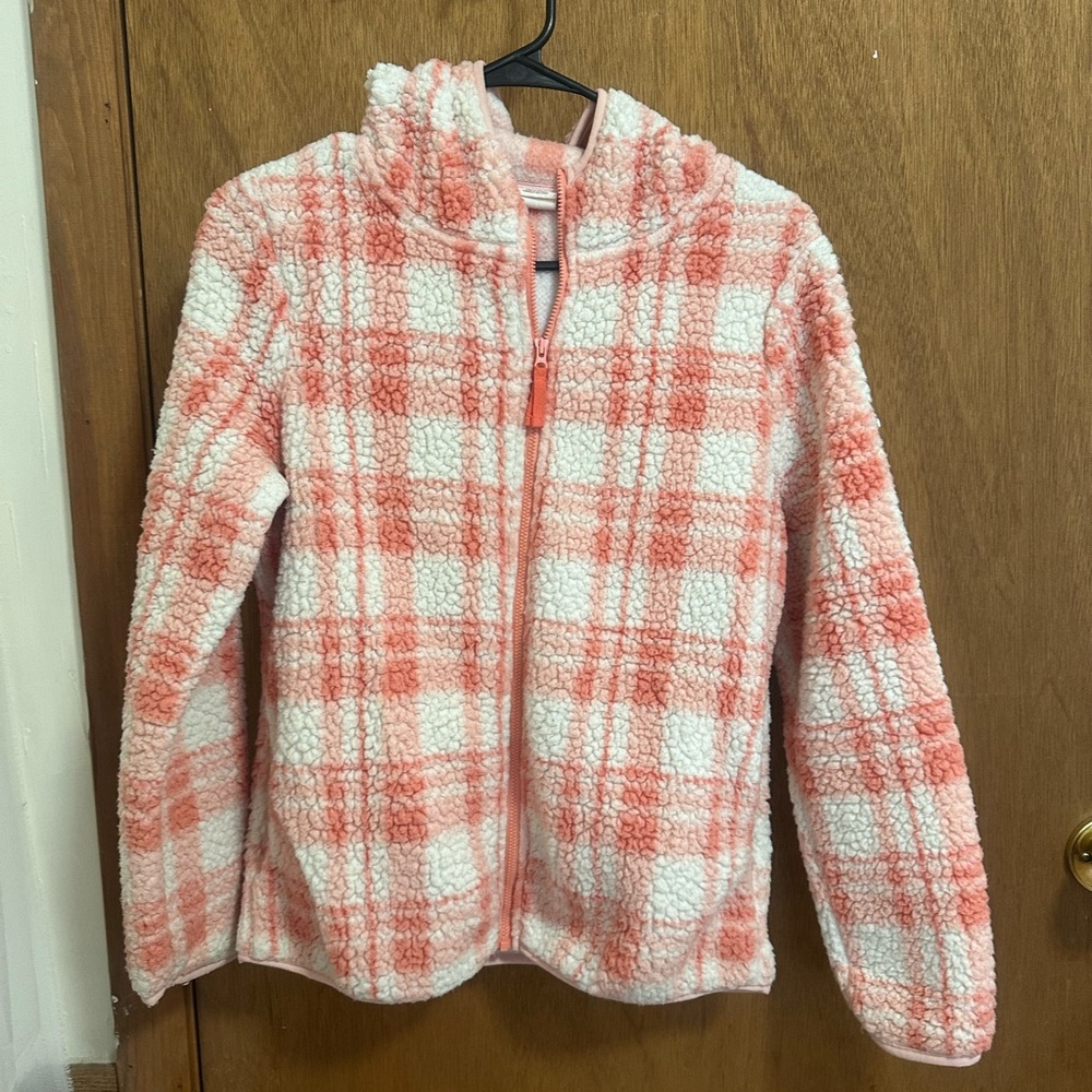 Cozy orange and White Plaid Sherpa Jacket(girl’s size XL, like women size S)